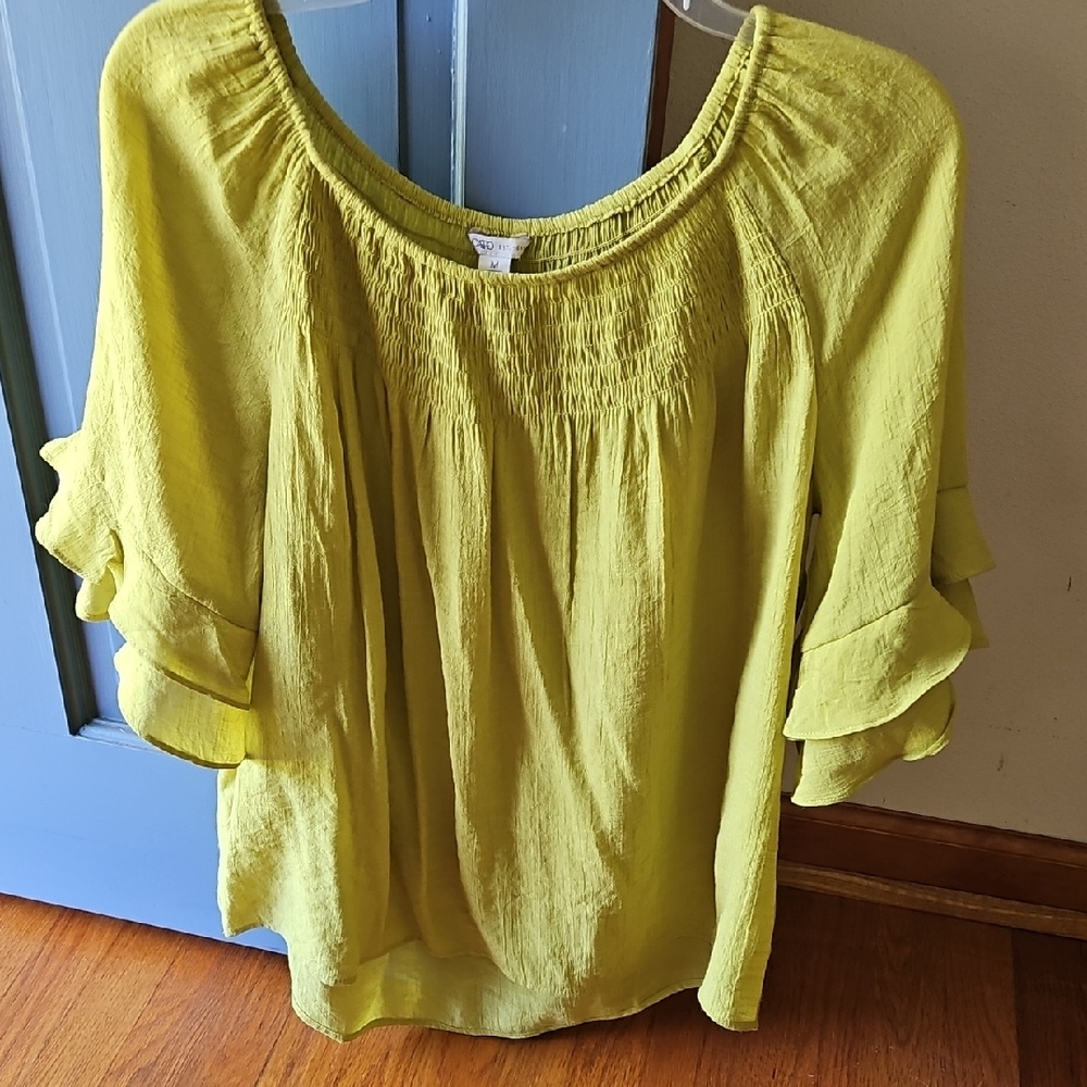 Cato Chartreuse Ruffle Sleeve Blouse